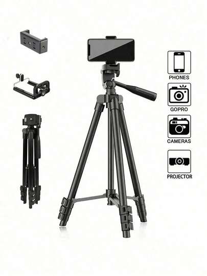 1个便携式相机三脚架，适用于摄影、智能手机、单反相机、自拍、实时照片和视频录制，可伸缩铝合金材质，带通用手机支架，兼容佳能、尼康、苹果等品牌相机。