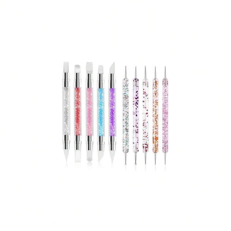 10PCS Nail Art Gel Carving Pen Rhinestone Handle Silicone Nail Art Pen Brushes For Design Foil Carving Drawing 3D Effect Shaping Drawing Dotting Tool,10pcsstyleC - 10件套C款 - 查看 1