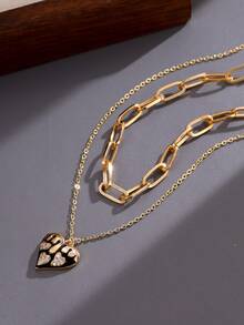 Nooxian 2件套时尚格子回形针项链和心形铜锆石吊坠项链套装，情人节送给女朋友的礼物 - 金黃色 - 查看 3