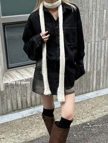 1条微卷边薄围巾，时尚百搭长围巾，窄款，适合搭配连衣裙 - 白色 - 查看 2