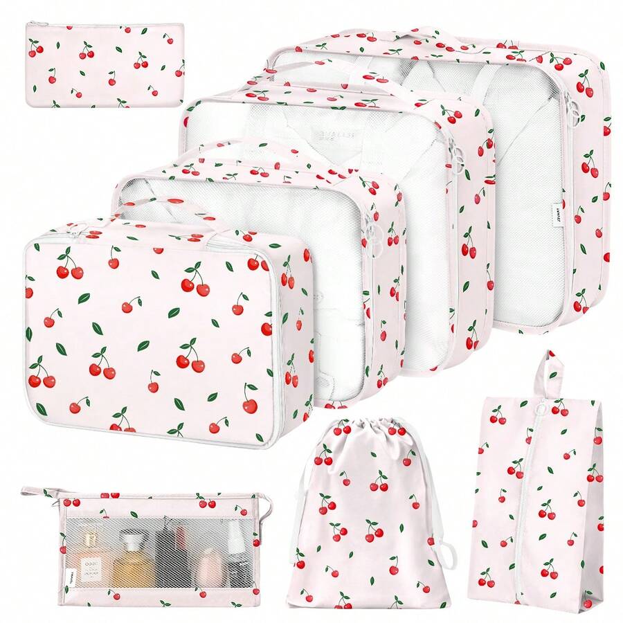 8 Set Travel Storage Bag Packing Cubes Portable Clothes Packing Cubes,Lightweight Waterproof Luggage Organizer For Clothes, Shoes, Makeup, Accessories - Cherry - View 1