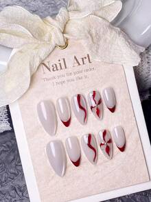 10 pièces d'autocollants pour ongles en acrylique faits à la main, ongles courts, faux ongles, set de nail art, manucure française, ongles mignons, ongles Y2K, ongles du Nouvel An, ongles en amande, ongles blancs, ongles rouges, ongles rouge rose, ongles dorés, ongles blancs brillants effet œil de chat, fleur œil de chat rouge peinte à la main, style simple et élégant, convient aux femmes et aux filles pour les activités quotidiennes et les déplacements, outils à ongles inclus. - Rouge - Voir 12