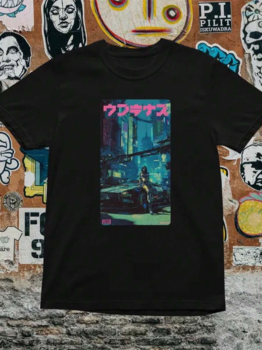 Cyberpunk City Graphic T-Shirt: Japanese Vaporwave Streetwear - 黑3 - 查看 1