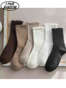 6 Pairs Mid-Calf Socks For Women, Ruffled Trim & Floral Pattern, Versatile For Spring, Fall & Winter - Multicolor - View 5