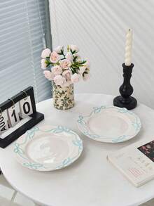 1pc Ins Style Bow Ribbon Ceramic Plate, Handmade Embossed Butterfly Dessert Plate, Elegant Cream Glaze Steak Plate, High Aesthetic Value
