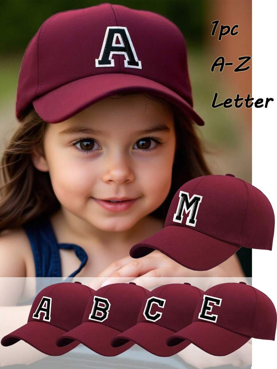 1pc Kids' 26 Letter Baseball Cap, Fashionable Girls' Sun Hat, UV Protection, Adjustable Children's Sun Hat, Casual Hat, Suitable For Girls' Back To School And Daily Wear - Burgundy - View 1