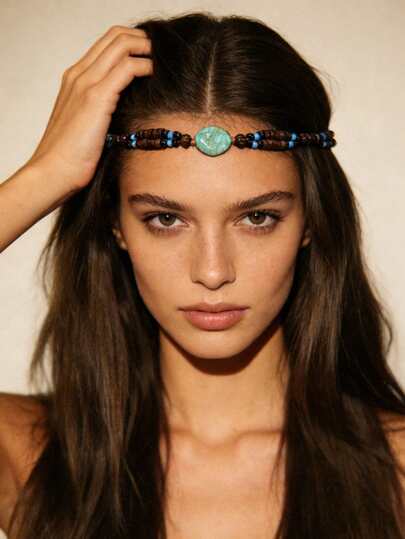 1pc Bohemian Vintage Beaded Braided Headband, Suitable For Straw Hat, Cowboy Hat, Retro Accessory Decoration, Versatile For Women Hair Band, Headpiece, Waist Chain Women Hair Accessories