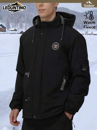 LEDUNTINO Herren Herbst/Winter Mode Reißverschluss Outdoor Lässig Jacke, Einfarbig, Multi-Taschen Design, abnehmbarer Kapuze, Buchstaben Aufdruck, Freund Geschenk, Dickes Design, geeignet für Herbst/Winter Ausflüge und täglichen Gebrauch, Winter Oberteile