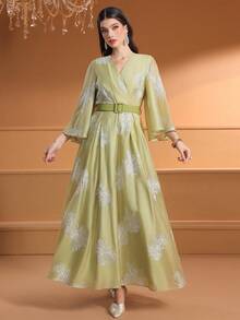 Women's Elegant Cross-Neck Random Embroidered Dress - Green - View 3