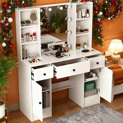 [Top Christmas Decor Gifts] Modern Solid Wood Vanity With Anti-Fog Illuminated Mirror & 3 Dimmable Lights! Drawer Storage + Open Storage Shelf, Built-In Power Outlet, Perfect For Compact Apartments