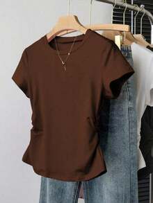 Camiseta de manga corta con pliegues casual para mujer, versátil para el verano - Negro 2 - Ver 3