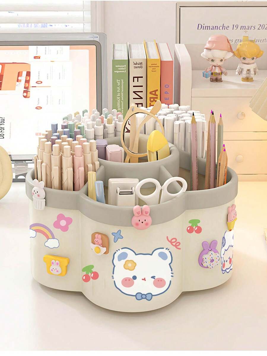 1个旋转笔筒收纳架，大容量，多隔层，适合学生、儿童书桌使用，创意笔架，简约设计，附赠随机贴纸图案 - 彩色 - 查看 1