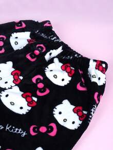 Sanrio Flannel Pajamas, Cute Hello Kitty Ladies' Casual Lounge Pants, Black Cartoon KT Anime Sleepwear - Black - View 3