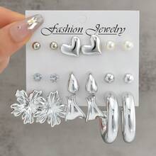 18pcs Women's Earring Set, Hollow Flower, Silver Metal Luster, Shiny, Heart-Shaped Faux Pearl Accents, Fashionable, Elegant, Suitable For Parties, Dates, Daily Wear, Great Gift For Her - Silver - View 7
