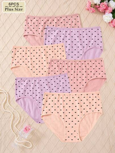 6pcs/Pack Plus Size Heart Pattern Cotton Elegant & Comfortable Underwear