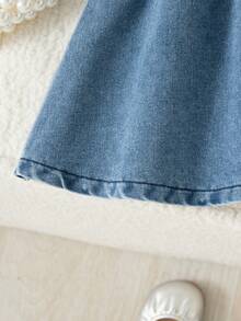 Baby Girls' Cute Blue Peter Pan Collar Princess Sleeve Denim Dress & Beret Hat, Spring/Summer - Blue - View 3