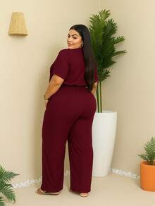 Plus Size Women's 2-Piece Fashion Casual Elegant Set With Cropped Shirt And Wide-Leg Pants With Built-In Belt. Fabric: Split Button. Summer And Winter. - 酒紅色 - 查看 2