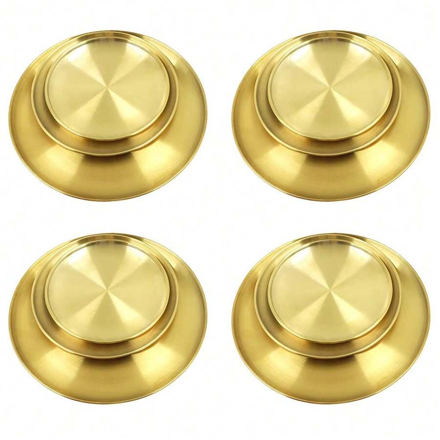 Wiederverwendbare Speiseteller aus gebürstetem Metall, Edelstahlteller, langlebige Metallteller für Picknick, Grill, Steak (Gold), 12 Stück-2585 - Gold - Übersicht 1