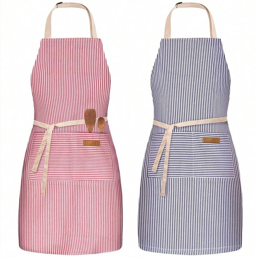 2 Pack Adjustable Bib Apron With 2 Pockets Chef CooFKing Kitchen Restaurant Aprons For Women Men - 藍/紅細條紋 - 查看 1