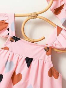 Summer Cute Heart Print Camisole Set | Cap Sleeve Ruffle Design, Loose Babydoll Dress Style + Sun Hat - Pink - View 4