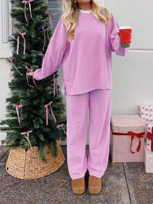 Women's Stripe Printed Round Neck Pullover Set Loose Casual Long Sleeves Top Elastic Waist Pant 2 Pieces Loungewear Set - Hồng - Xem 2