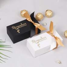 10Pcs  Ramadan Mubarak Rectangle Gift Box Black White Gold Foil Lettering Paper Candy Box With Orange Satin Ribbon Bow Islamic Festival Party Favor Packaging Box - Eid Al-fitr Rectangular Box - View 8