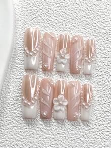 10片透明软胶美甲贴，亚克力美甲套装，手绘五瓣白色雕塑花美甲装饰，不对称白色水钻波浪设计，纯色水波纹美甲装饰，白色指甲油，包含美甲工具（1片果冻贴+1个指甲锉），3种尺寸可选：杏仁形、鸭嘴形、棺材形，适合通勤、情人节、派对、玩耍和拍照、冬季日常美甲，手工美甲贴片 - 彩色 - 查看 19