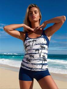 Women's Tankini Swimwear – Relaxed Fit Two-Piece Set For Beach, Pool & Resort Days - Blue and White Print - View 7