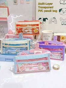 1个彩色透明PVC铅笔盒笔袋，考试专用，甜美色彩大容量多层文具收纳袋，学生返校礼物 - 彩色 - 查看 11