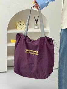 2025 Large Capacity Drawstring Tote Bag, Japanese Style Letter Print Nylon Handbag, Tote Shoulder Bag, Lightweight & Foldable, Suitable For Travel, Shopping, Commuting, School, For Men And Women