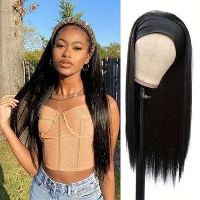 Elegant 24-Inch Long Straight Headband Wig For Women - Natural Look With 180% Density, Heat-Resistant Synthetic Hair, No Lace Required, Rose Net Cap, Hair Wig