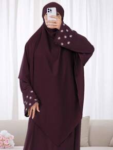 2pcs Set: Khimar Hijab Prayer Headscarf + Abaya With Embroidered Cuffs, Loose & Comfortable Muslim Clothing For Women, Suitable For Daily Wear And Prayer, All Season - 彩色 - 查看 16