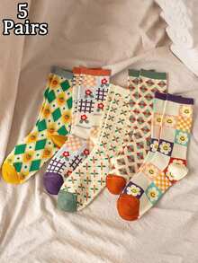 1-5 Pairs Of Women's Fashion Contrasting Color Rhombus, Cute Cartoon Flower & Strawberry Pattern Socks, Casual Versatile For Daily Wear - Multicolor - View 9