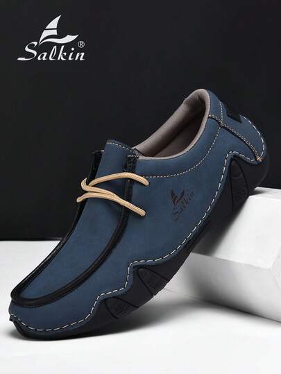 Salkin New Designer Handmade Men's Lace-Up Casual Loafers, Prussian Blue Moccasin Shoes, Lightweight, Breathable, Soft & Comfortable, Non-Slip Rubber Sole, Suitable For Outdoor, Spring/Summer/Autumn, Great Gift, Size Runs Small, Recommend Ordering One Size Up