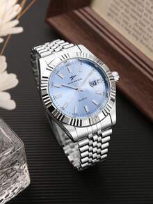 Reloj de cuarzo para hombres RICECGO, correa de acero inoxidable, estilo clásico de negocios con función de calendario, adecuado para uso diario, regalo ideal para cumpleaños y vuelta al colegio - Plateado - Ver 8