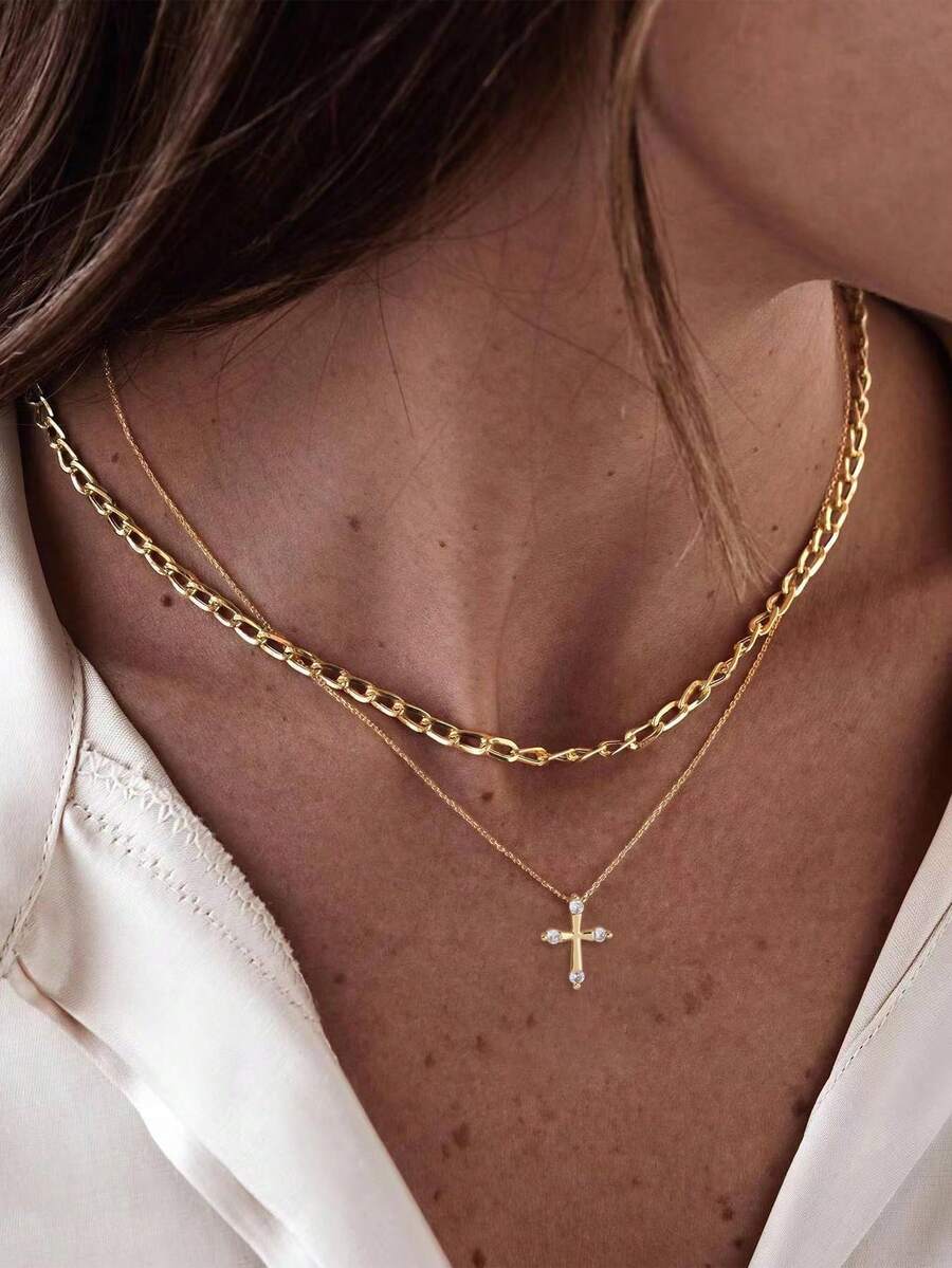 Nooxian 2pcs Cubic Zirconia Cross Pendant Layered Necklace For Women - Yellow Gold - View 1