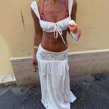 White Lace Set Short Tube Top High Waist Long Skirt Two-Piece Set Vacation Style Sexy Beach Dress - 白色 - 查看 1