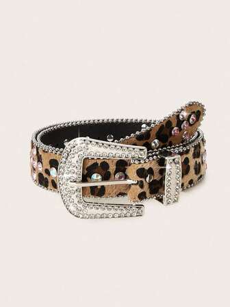 1pc Punk Y2K Style Women's Belt, Rhinestone Embellished Leopard Print PU Leather, Suitable For Mini Skirts, High-Waisted Skirts, Suitable For Party, Gathering, Music Festival, Halloween, Valentine's Day, Date, Vacation, Outdoor, Gift