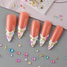 400PCS Colorful Bubble Beads Mermaid Nail Art Charms Aurora Pearls Candy Stone Mix Gold Stars Nail Art Rhinestone Half-Round Flat Back Gold Beads Nails Supplies For Women Manicure DIY Crafts Decor,Gold - 金子 - 查看 8