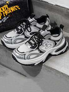 Fashionable, Versatile, Comfortable Thick-Soled Sneakers For Teens, All Seasons, Korean Style High-Quality Chunky Sneakers With Breathable Mesh Upper, Slip-Resistant And Durable, Suitable For Outdoor Casual And Sports - Silver - View 9