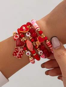 5件情人节软陶珠心形吊坠手链，情侣款 - 弹性拉力珠