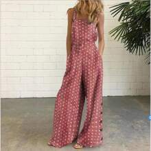European And American New Style Cotton And Linen Printed Button Decorated Sleeveless Loose Strap Jumpsuit For Women - Chấm bi hồng - Xem 12