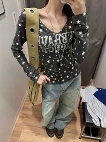 星形印花修身长袖上衣，收腰设计，适合早春穿着 - 深灰色 - 查看 8
