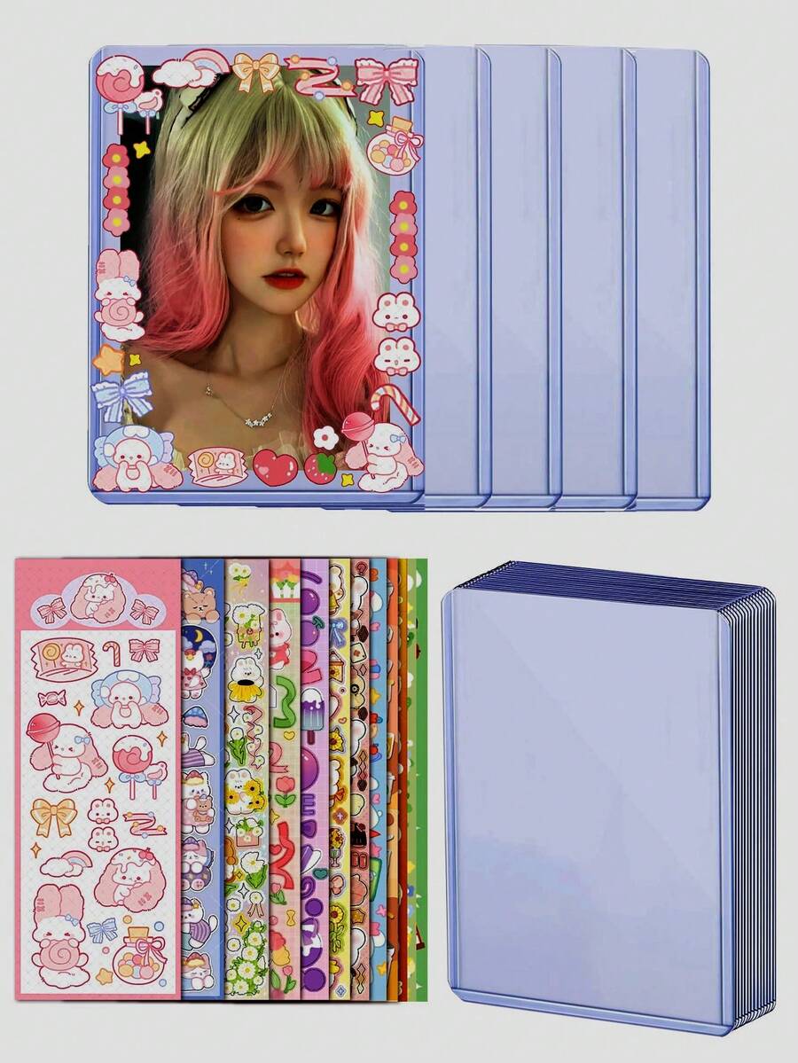 5pcs Transparent Card Sleeve With 1 Random Sticker, Suitable For Various Trading Card Games, Such As Photo Cards, Etc. Back To School - Clear - View 1