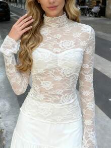 新款蕾丝拼接衬衫，轻薄休闲优雅时尚百搭女式上衣 - 白色 - 查看 1