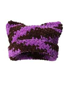 1 件女士手工条纹针织猫耳设计帽子，韩国 Y2k 风格街头潮流帽子可爱冬季秋季