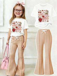 女童卡通印花圆领短袖上衣和喇叭裤套装 - 白色 - 查看 1