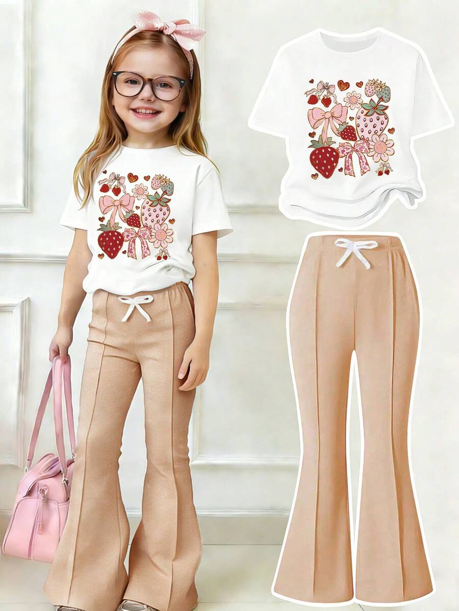 女童卡通印花圆领短袖上衣和喇叭裤套装 - 白色 - 查看 1