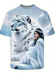 Men'S 3D Print T-Shirt - Majestic White Tiger & Crowned Woman Design, Light Blue Summer Casual Short Sleeve Top, Regular Fit, Machine Washable, Comfortable Fabric, Artistic Design, Smooth Texture, PLUS SIZE - 混合色 - 查看 4