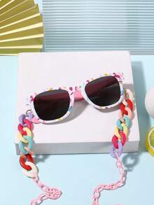 1 Set 1 PC Girl's 3-8Y Cute Funky Dinosaur And Rainbow Camouflage Square Frame Fashion Glasses And 1 PC Convenient Loop Clasp Eyeglass Chain For Amusement Park With Glasses Box - Multicolor - View 14